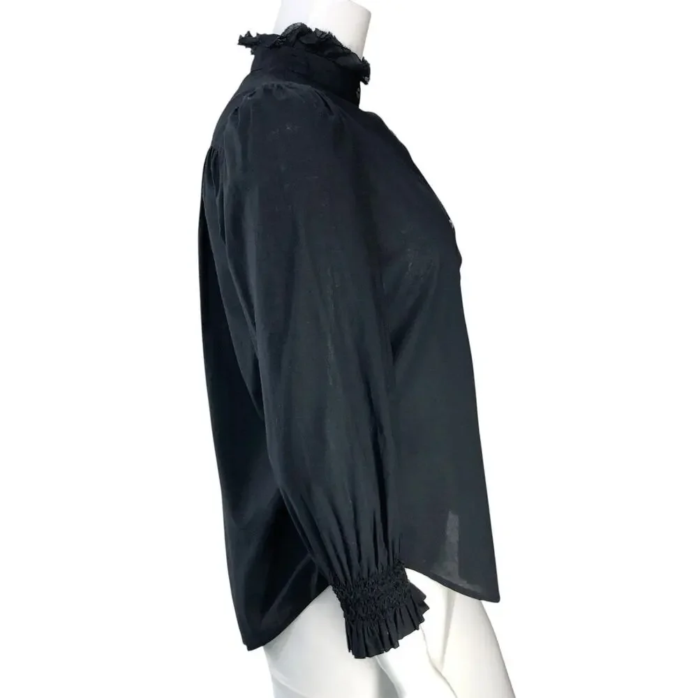 Tuckernuck Blouse Womens L Ruffle High Neck Puff Sleeve Smocked Cuff Black